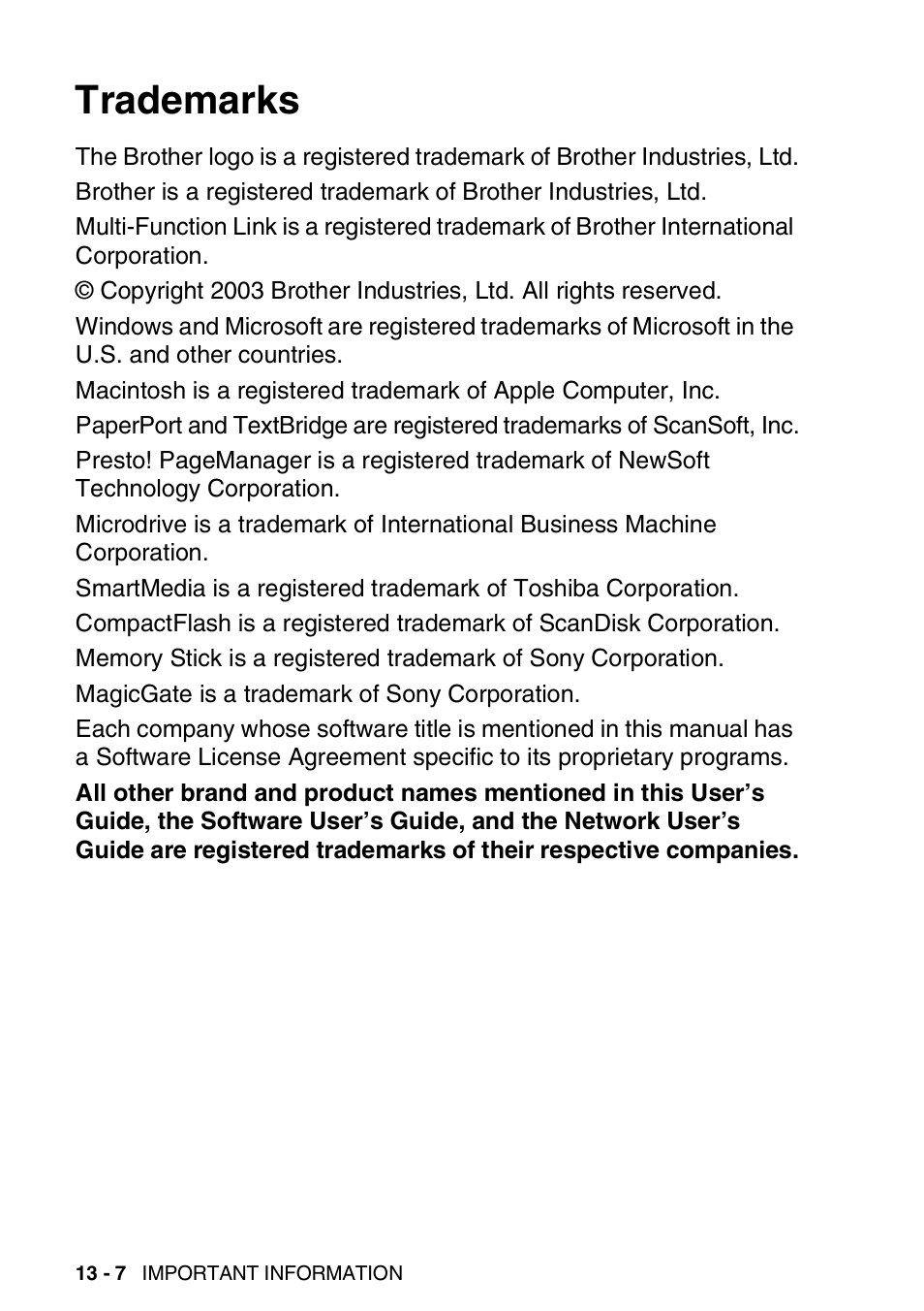 Trademarks, Trademarks -7 | Brother FAX 1920CN User Manual | Page 167 / 214