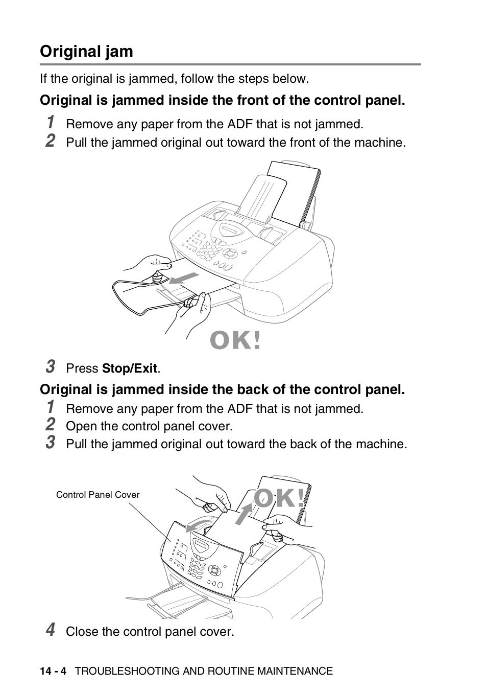 Original jam, Original jam -4, Original is jammed inside the front | Of the control panel -4, Original is jammed inside the back | Brother FAX 1920CN User Manual | Page 171 / 214