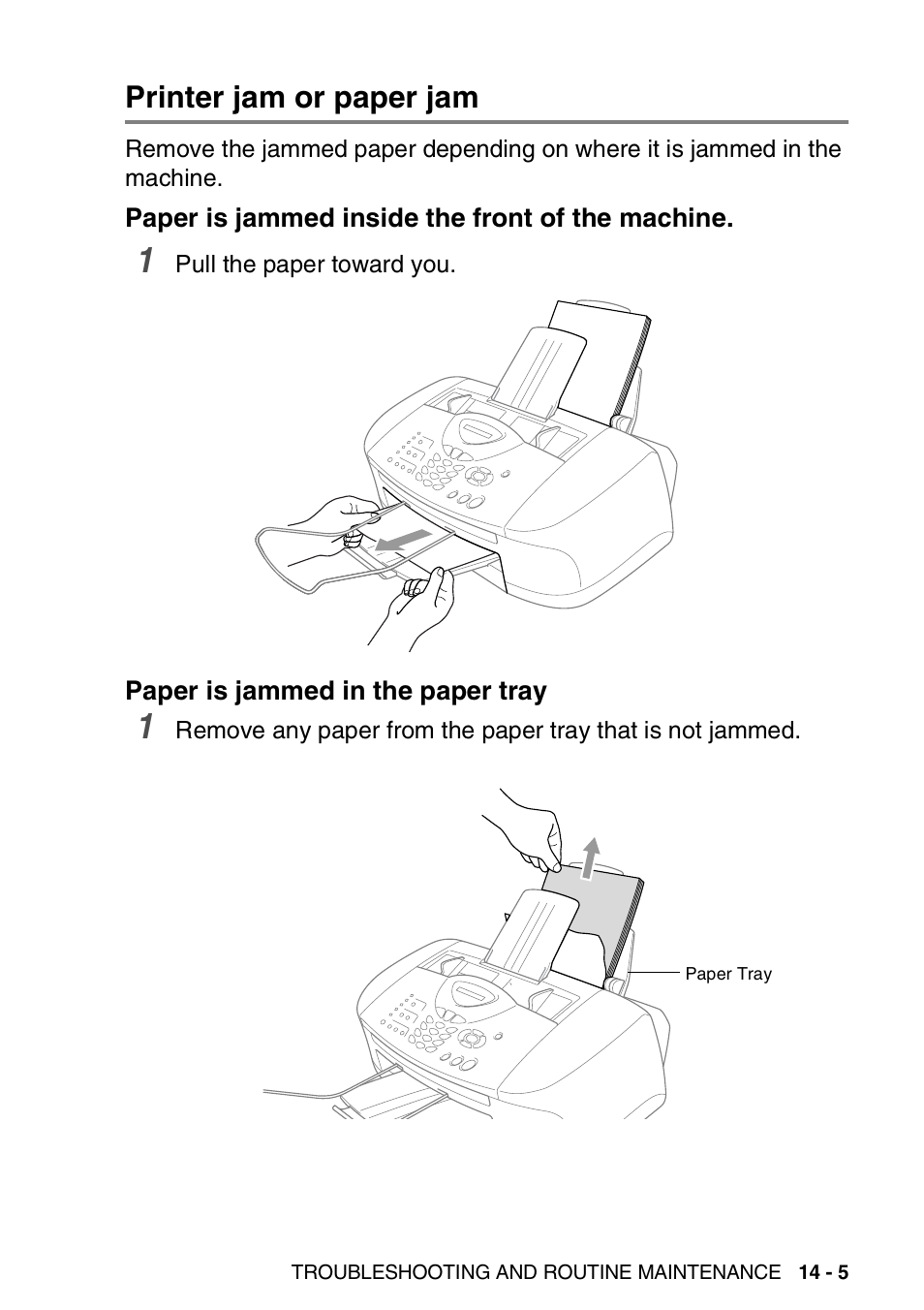 Printer jam or paper jam, Paper is jammed inside the front of the machine, Paper is jammed in the paper tray | Printer jam or paper jam -5 | Brother FAX 1920CN User Manual | Page 172 / 214