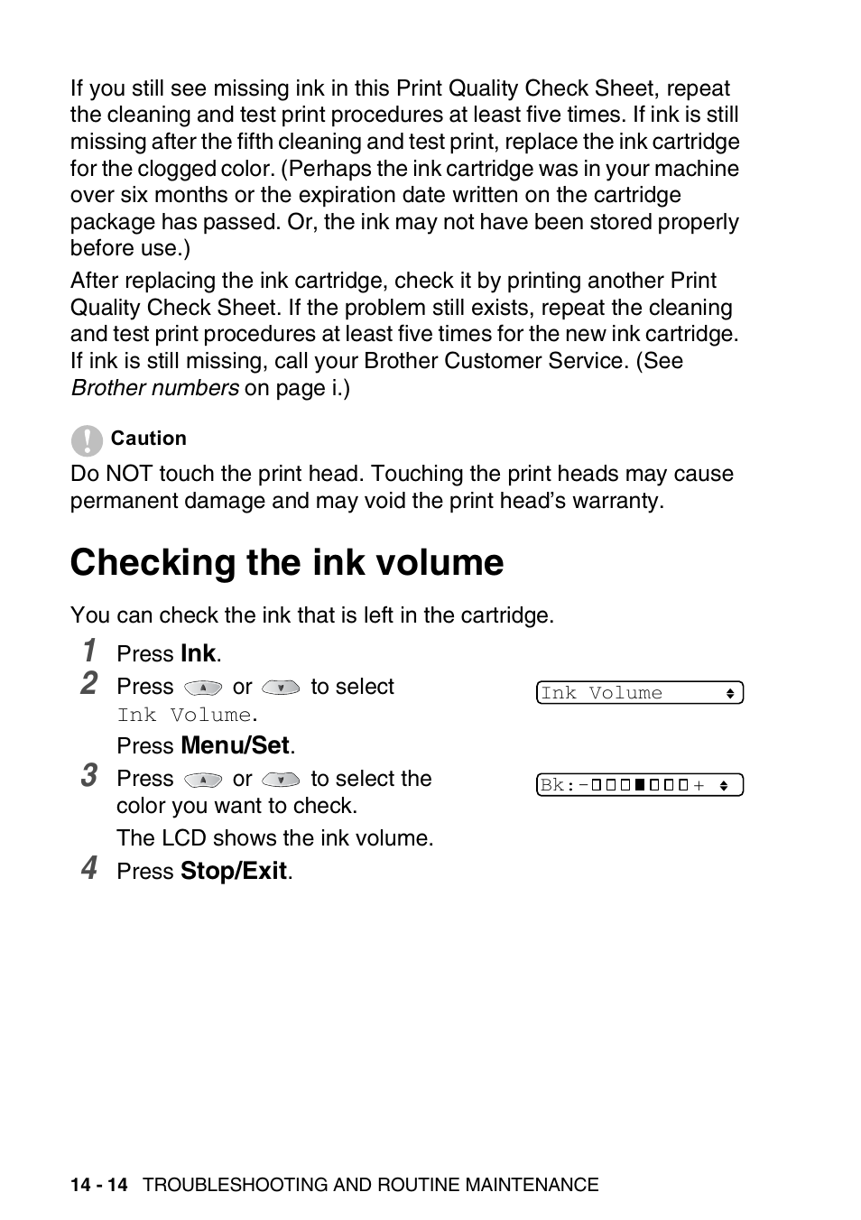 Checking the ink volume, Checking the ink volume -14 | Brother FAX 1920CN User Manual | Page 181 / 214