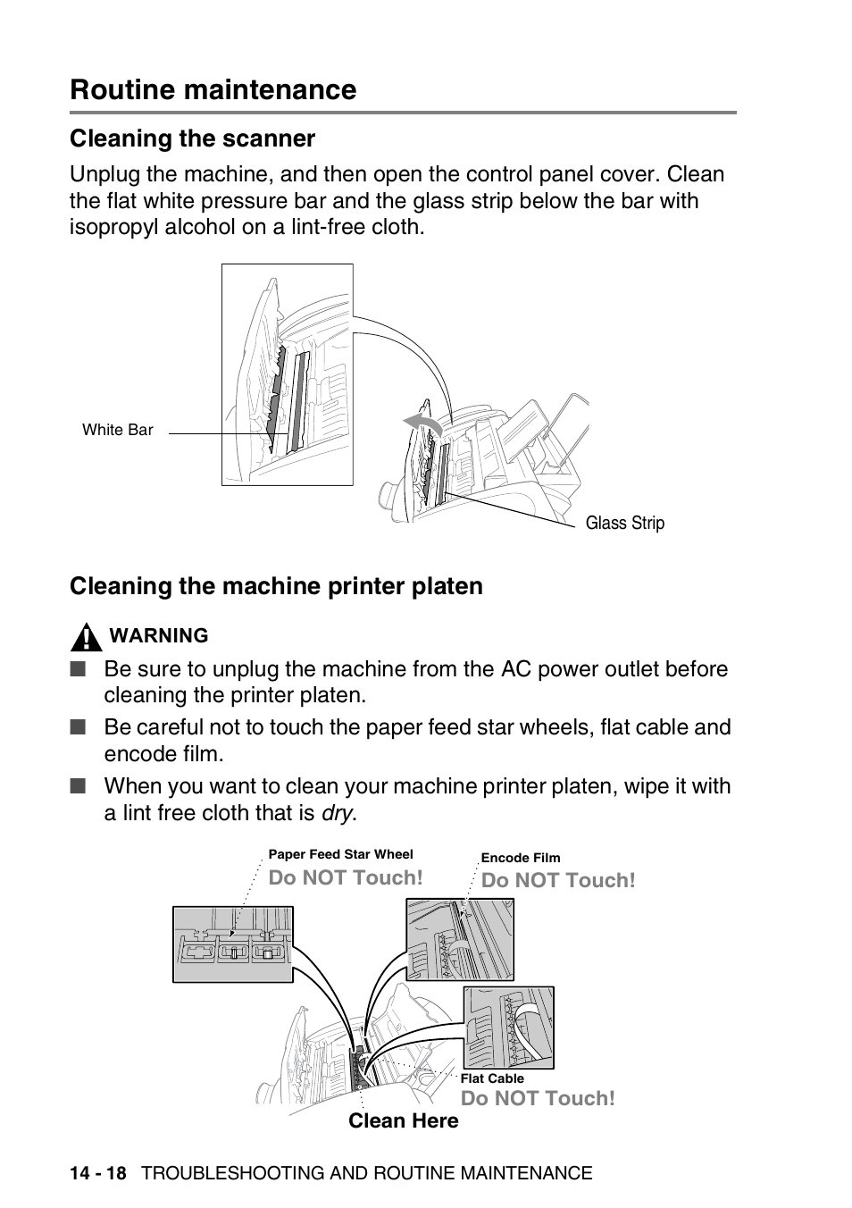 Routine maintenance, Cleaning the scanner, Cleaning the machine printer platen | Routine maintenance -18 | Brother FAX 1920CN User Manual | Page 185 / 214