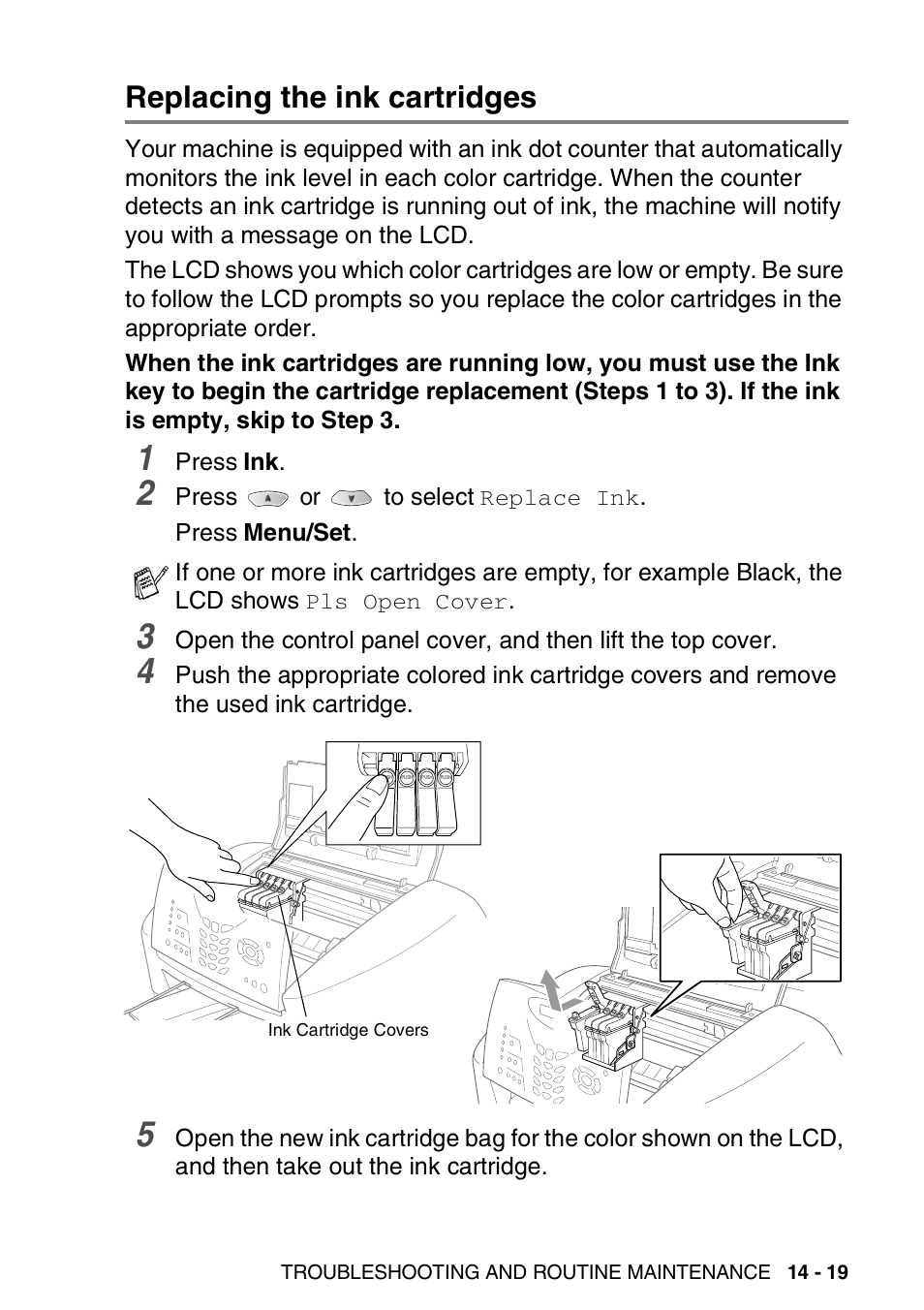 Replacing the ink cartridges, Replacing the ink cartridges -19 | Brother FAX 1920CN User Manual | Page 186 / 214