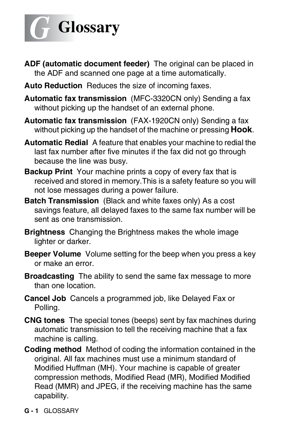 Glossary | Brother FAX 1920CN User Manual | Page 189 / 214