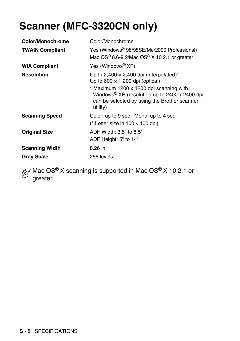 Scanner (mfc-3320cn only), Mac os, X scanning is supported in mac os | X 10.2.1 or greater | Brother FAX 1920CN User Manual | Page 199 / 214