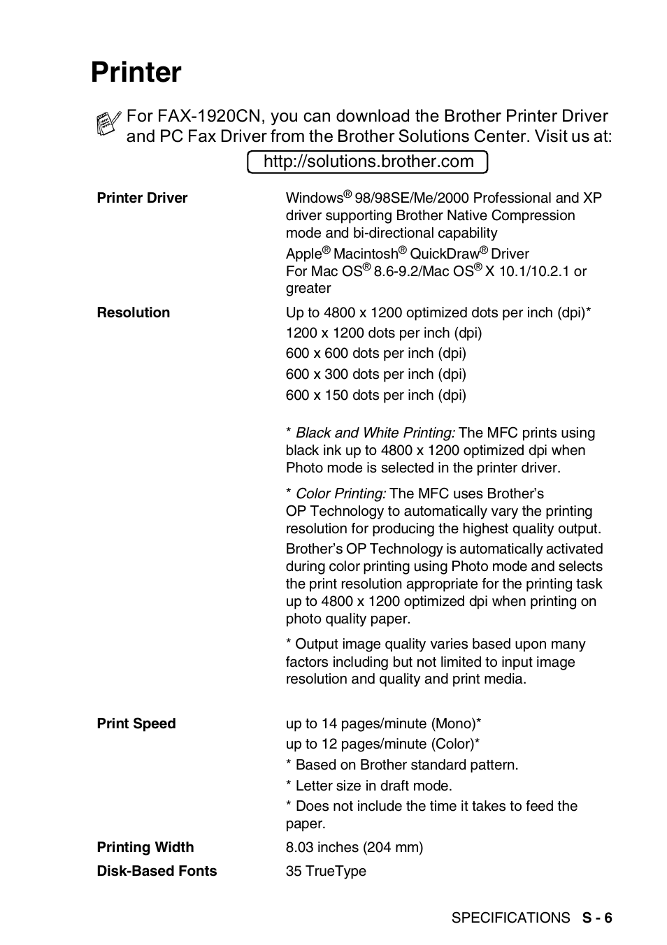 Printer | Brother FAX 1920CN User Manual | Page 200 / 214