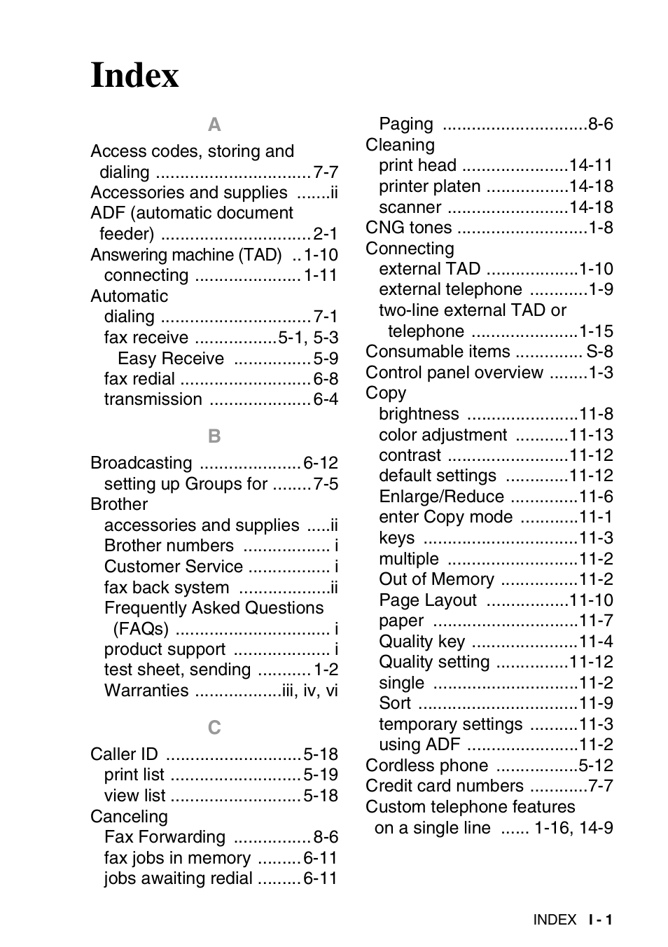 Index | Brother FAX 1920CN User Manual | Page 204 / 214