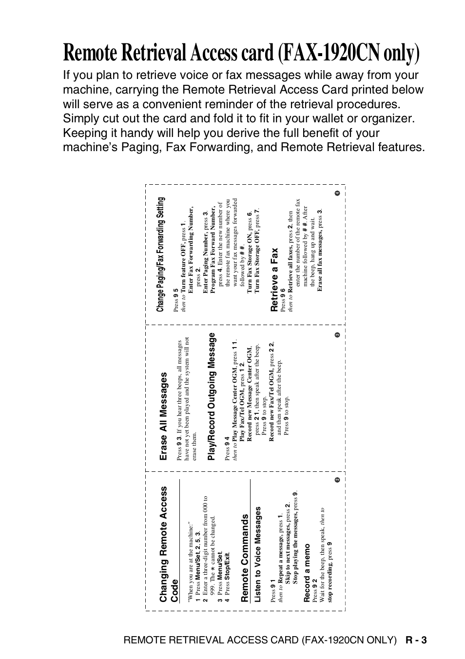 Remote retrieval access card (fax-1920cn only), Erase all messages, Play/record outgoing message | Changing remote access code, Remote commands, Change paging/fax forwarding setting, Retrieve a fax | Brother FAX 1920CN User Manual | Page 211 / 214
