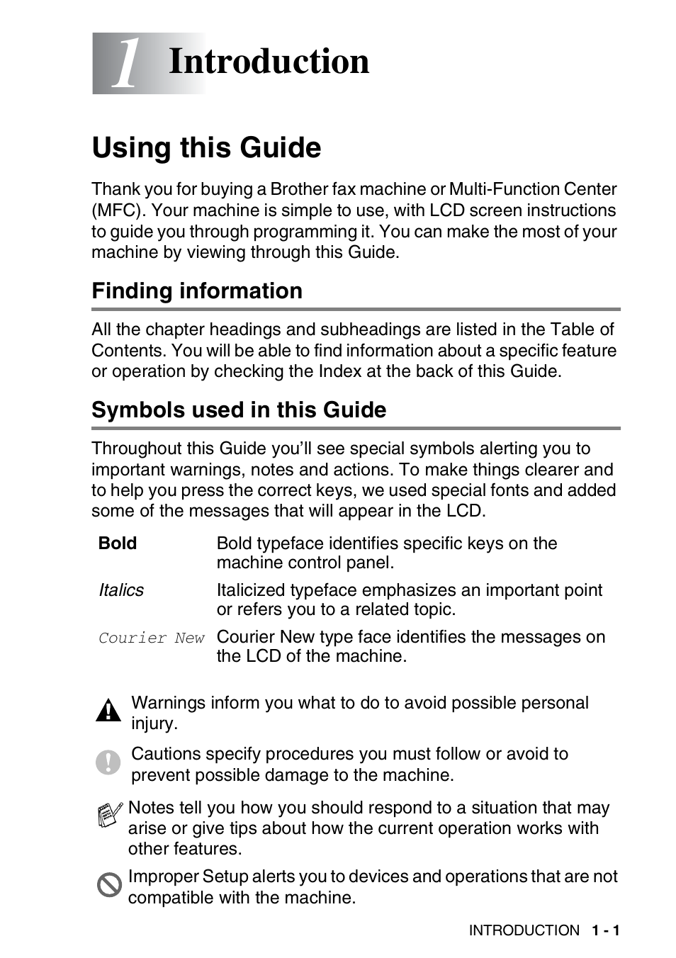 1 introduction, Using this guide, Finding information | Symbols used in this guide, Introduction -1, Using this guide -1, Introduction | Brother FAX 1920CN User Manual | Page 22 / 214
