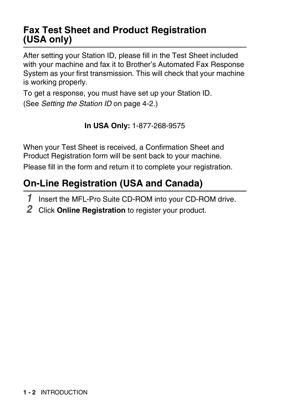 Fax test sheet and product registration (usa only), On-line registration (usa and canada), Fax test sheet and product registration | Usa only) -2, On-line registration (usa and canada) -2 | Brother FAX 1920CN User Manual | Page 23 / 214