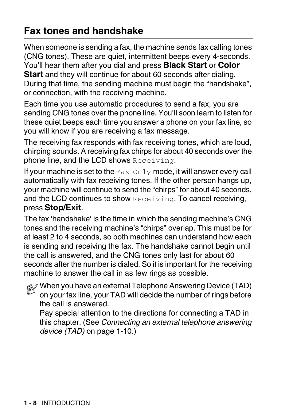 Fax tones and handshake, Fax tones and handshake -8 | Brother FAX 1920CN User Manual | Page 29 / 214