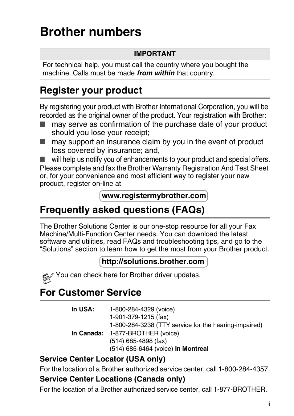 Brother numbers, Register your product, Frequently asked questions (faqs) | For customer service | Brother FAX 1920CN User Manual | Page 3 / 214