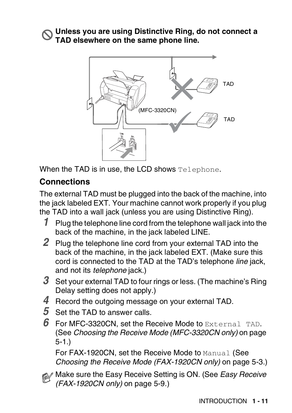 Connections, Connections -11 | Brother FAX 1920CN User Manual | Page 32 / 214