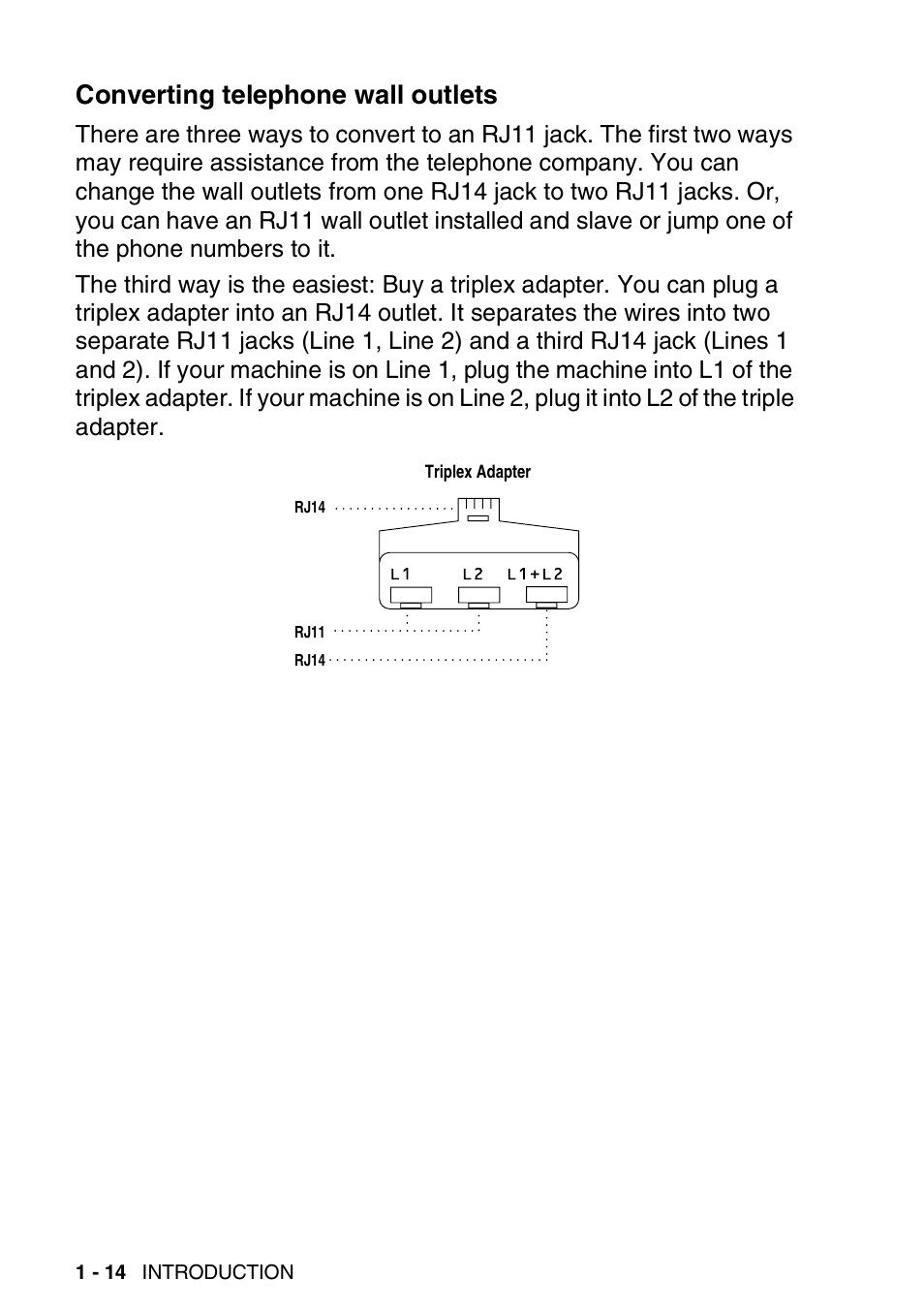 Converting telephone wall outlets, Converting telephone wall outlets -14 | Brother FAX 1920CN User Manual | Page 35 / 214