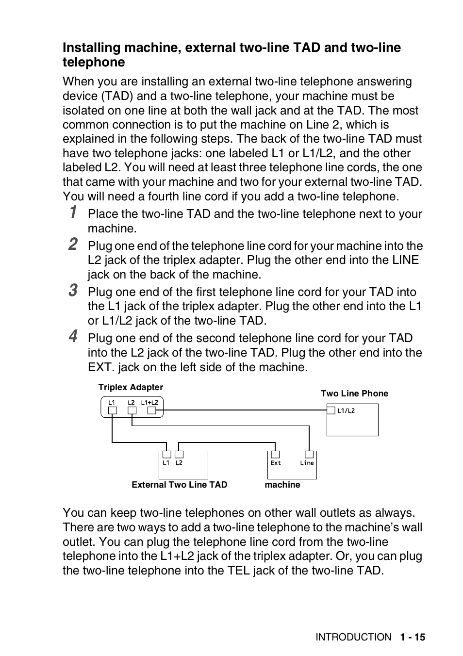 Installing machine, external two-line tad and, Two-line telephone -15 | Brother FAX 1920CN User Manual | Page 36 / 214