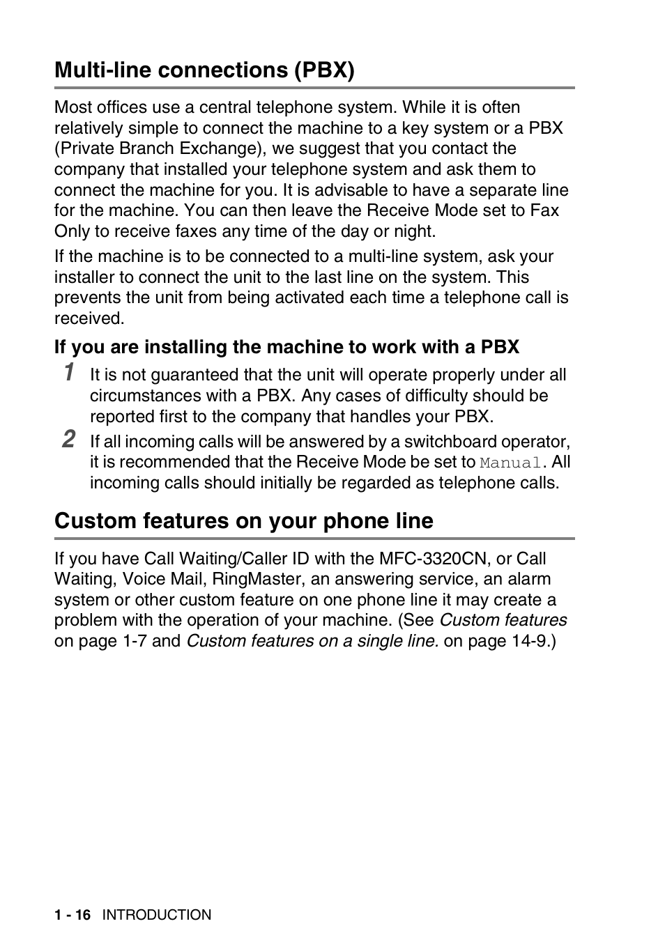 Multi-line connections (pbx), Custom features on your phone line, Multi-line connections (pbx) -16 | If you are installing the machine to work with, A pbx -16, Custom features on your phone line -16 | Brother FAX 1920CN User Manual | Page 37 / 214