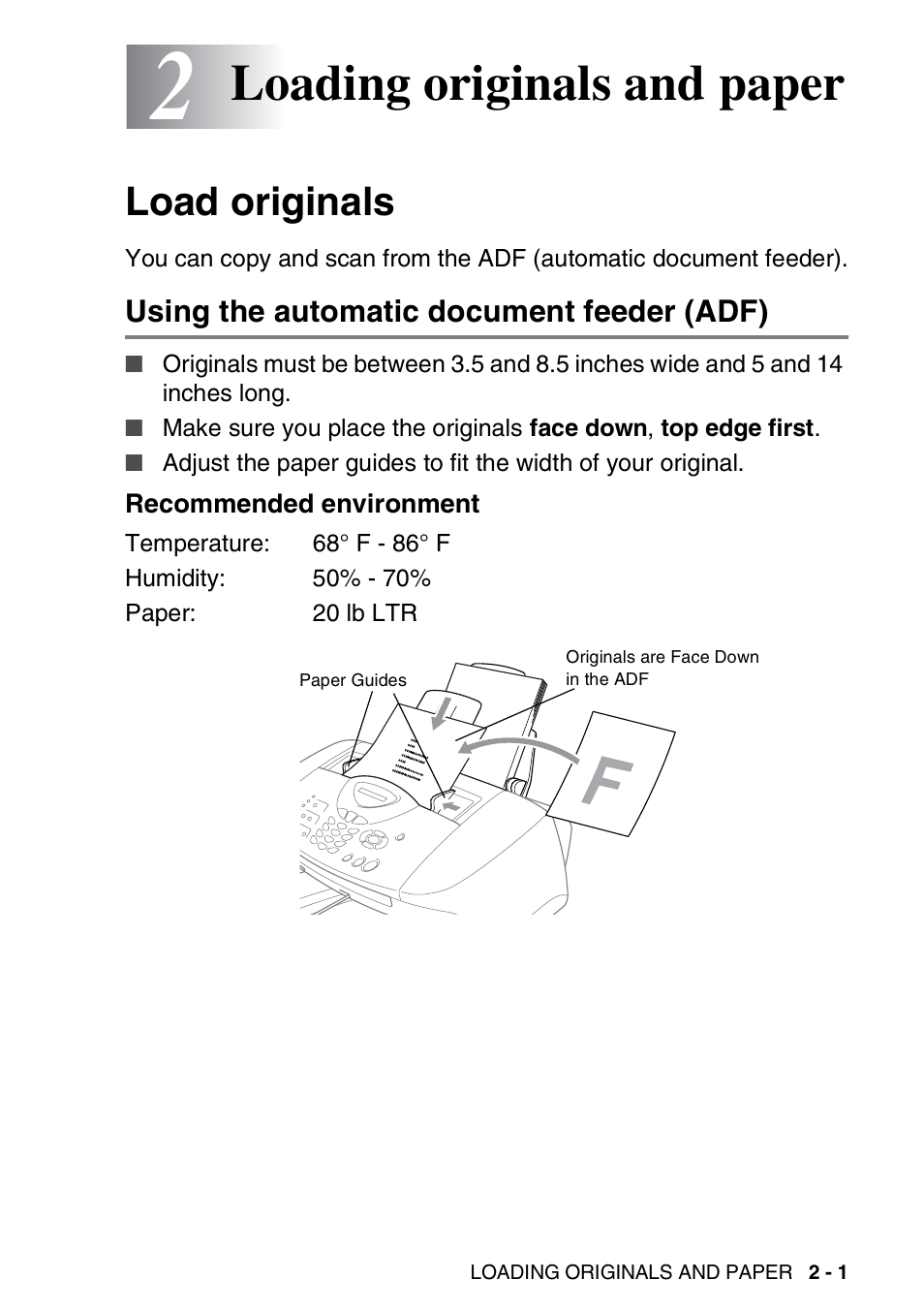 2 loading originals and paper, Load originals, Using the automatic document feeder (adf) | Recommended environment, Loading originals and paper -1, Load originals -1, Using the automatic document feeder (adf) -1, Recommended environment -1, Loading originals and paper | Brother FAX 1920CN User Manual | Page 38 / 214