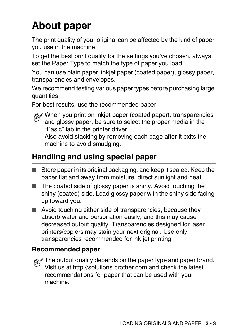 About paper, Handling and using special paper, Recommended paper | About paper -3, Handling and using special paper -3, Recommended paper -3 | Brother FAX 1920CN User Manual | Page 40 / 214