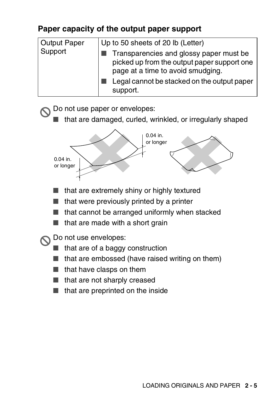 Paper capacity of the output paper support, Paper capacity of the output paper support -5 | Brother FAX 1920CN User Manual | Page 42 / 214