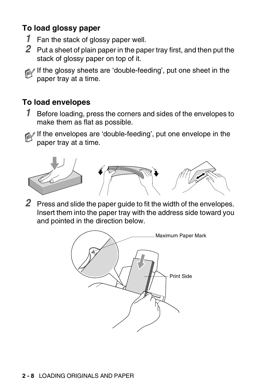 To load glossy paper, To load envelopes, To load glossy paper -8 to load envelopes -8 | Brother FAX 1920CN User Manual | Page 45 / 214