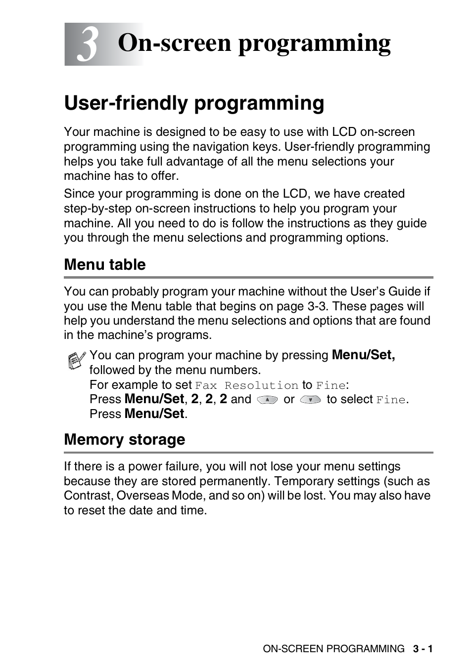 3 on-screen programming, User-friendly programming, Menu table | Memory storage, On-screen programming -1, User-friendly programming -1, Menu table -1 memory storage -1, On-screen programming | Brother FAX 1920CN User Manual | Page 46 / 214