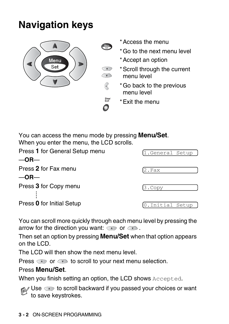 Navigation keys, Navigation keys -2 | Brother FAX 1920CN User Manual | Page 47 / 214