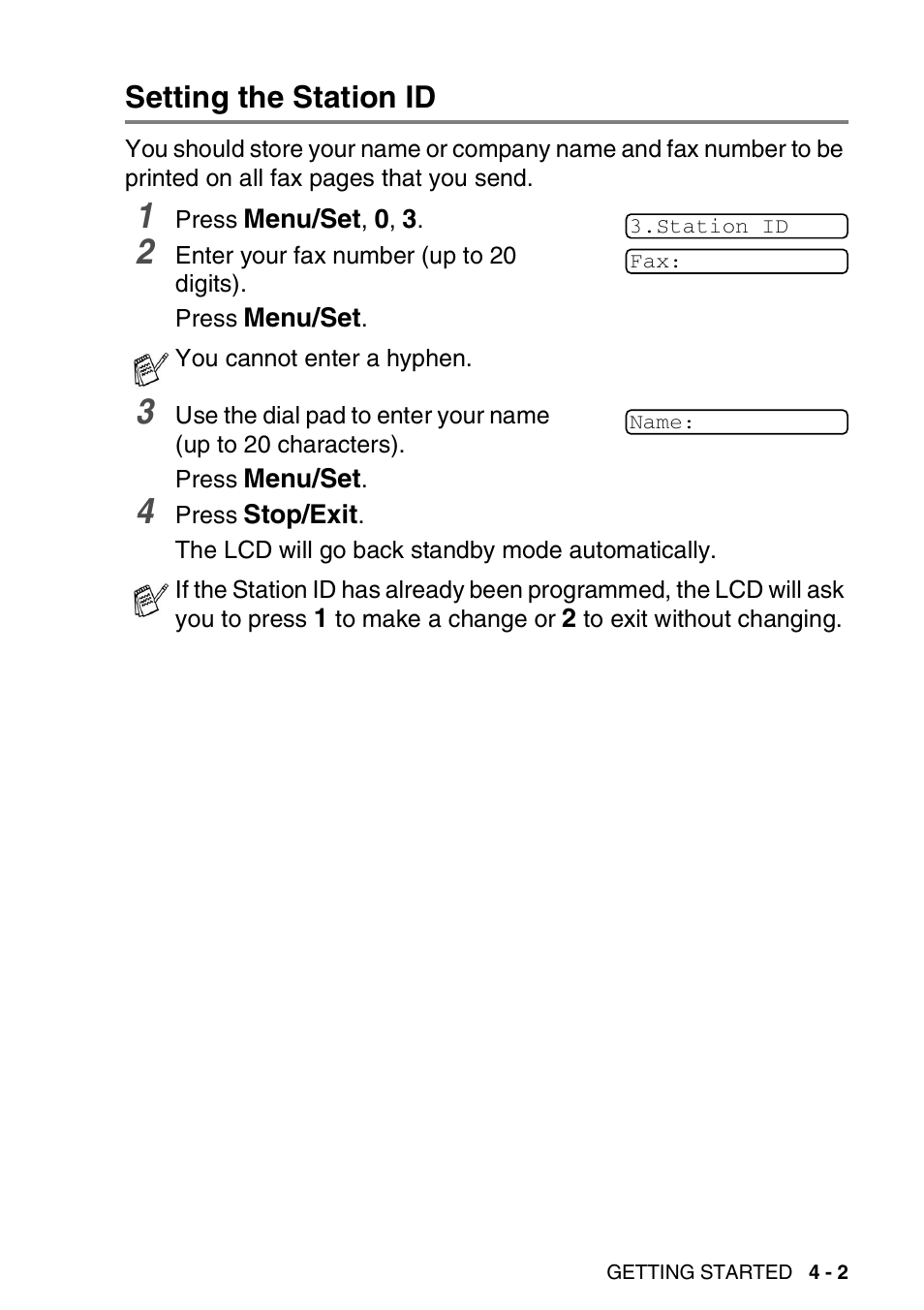 Setting the station id, Setting the station id -2 | Brother FAX 1920CN User Manual | Page 60 / 214