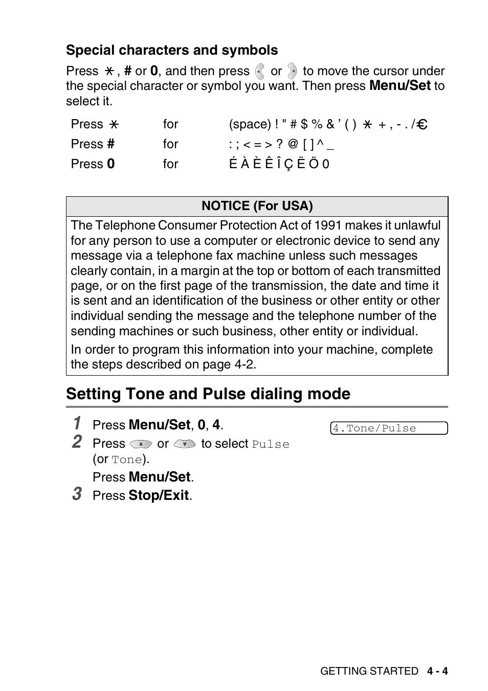 Special characters and symbols, Setting tone and pulse dialing mode, Special characters and symbols -4 | Setting tone and pulse dialing mode -4 | Brother FAX 1920CN User Manual | Page 62 / 214