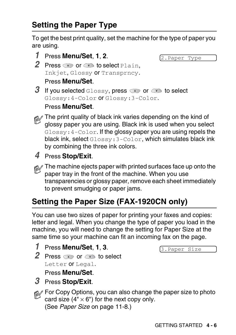 Setting the paper type, Setting the paper size (fax-1920cn only) | Brother FAX 1920CN User Manual | Page 64 / 214