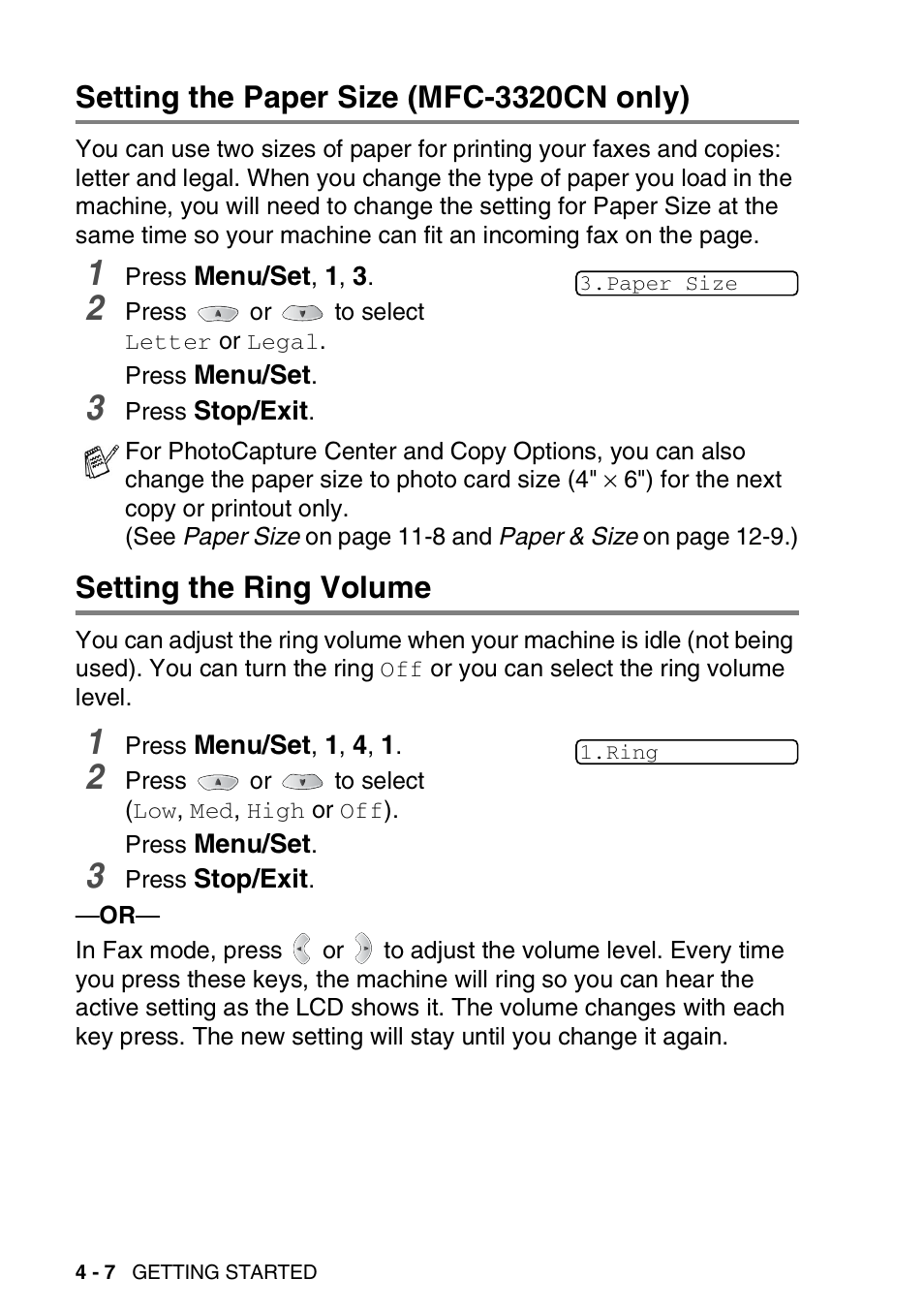 Setting the paper size (mfc-3320cn only), Setting the ring volume | Brother FAX 1920CN User Manual | Page 65 / 214