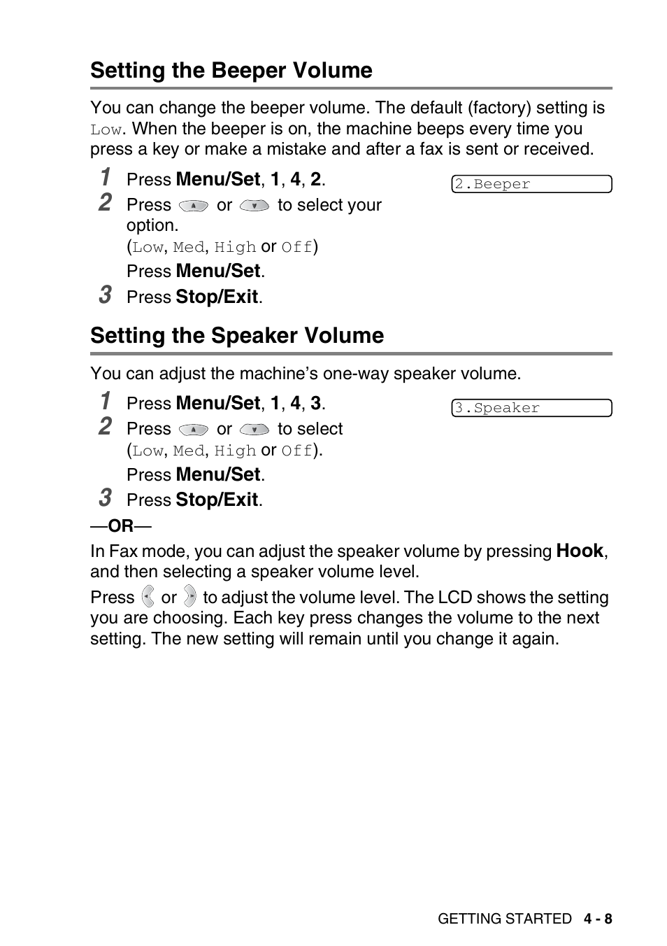 Setting the beeper volume, Setting the speaker volume | Brother FAX 1920CN User Manual | Page 66 / 214