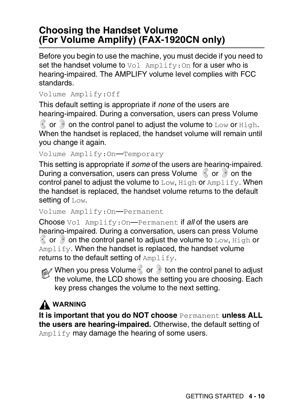 Choosing the handset volume, For volume amplify) (fax-1920cn only) -10 | Brother FAX 1920CN User Manual | Page 68 / 214