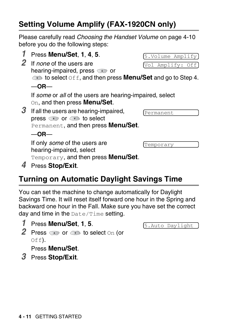 Setting volume amplify (fax-1920cn only), Turning on automatic daylight savings time | Brother FAX 1920CN User Manual | Page 69 / 214