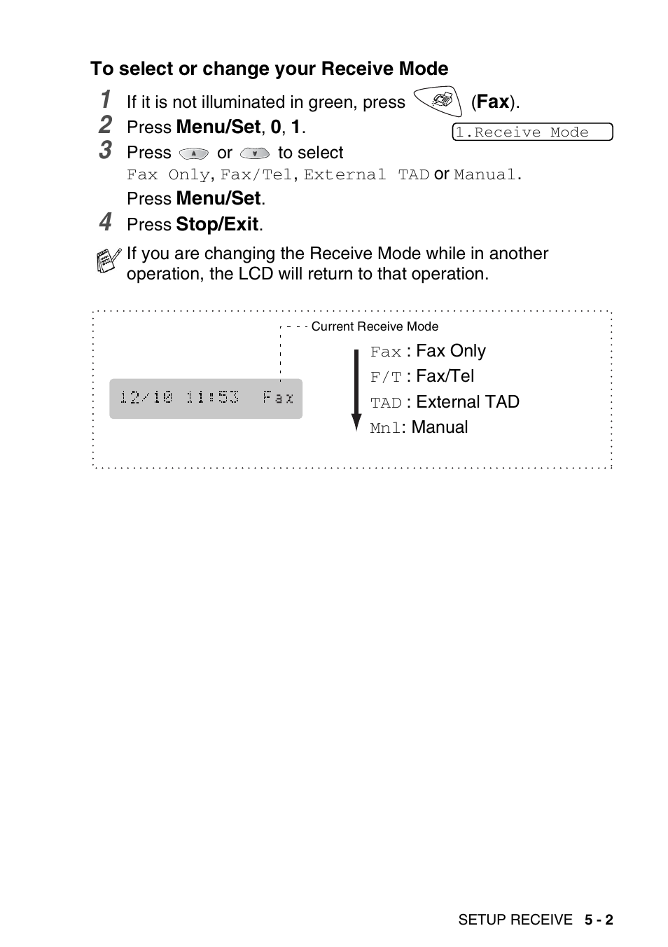 To select or change your receive mode, To select or change your receive mode -2 | Brother FAX 1920CN User Manual | Page 72 / 214