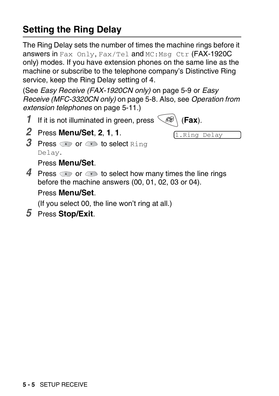 Setting the ring delay, Setting the ring delay -5 | Brother FAX 1920CN User Manual | Page 75 / 214