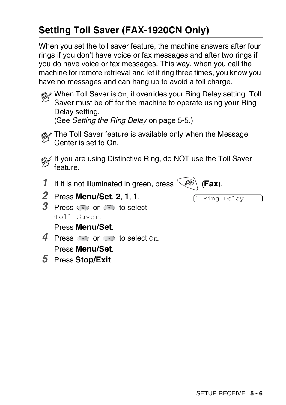 Setting toll saver (fax-1920cn only), Setting toll saver (fax-1920cn only) -6 | Brother FAX 1920CN User Manual | Page 76 / 214