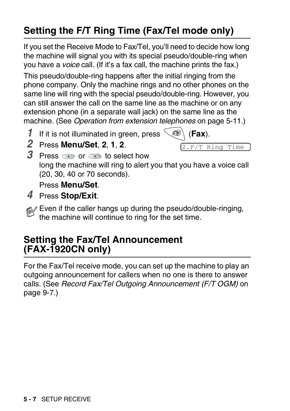 Setting the f/t ring time (fax/tel mode only), Setting the fax/tel announcement (fax-1920cn only), Fax-1920cn only) -7 | Brother FAX 1920CN User Manual | Page 77 / 214