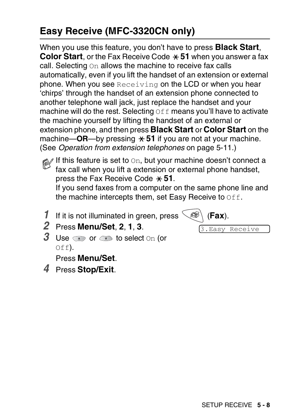 Easy receive (mfc-3320cn only), Easy receive (mfc-3320cn only) -8 | Brother FAX 1920CN User Manual | Page 78 / 214