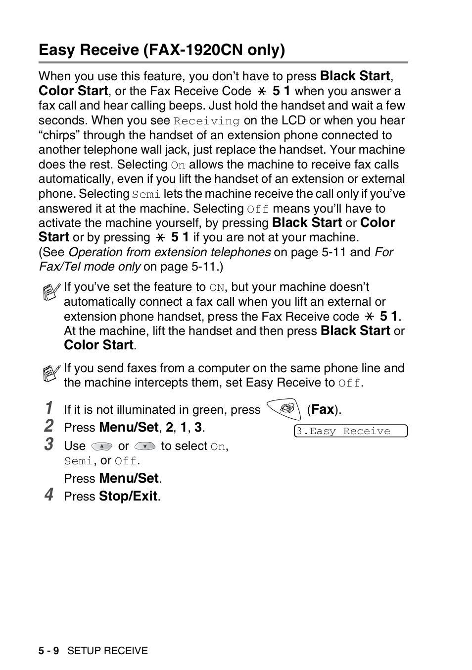 Easy receive (fax-1920cn only), Easy receive (fax-1920cn only) -9 | Brother FAX 1920CN User Manual | Page 79 / 214