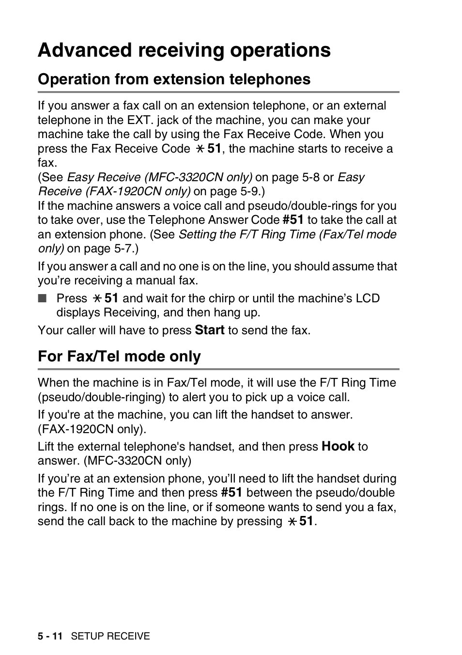 Advanced receiving operations, Operation from extension telephones, For fax/tel mode only | Advanced receiving operations -11 | Brother FAX 1920CN User Manual | Page 81 / 214
