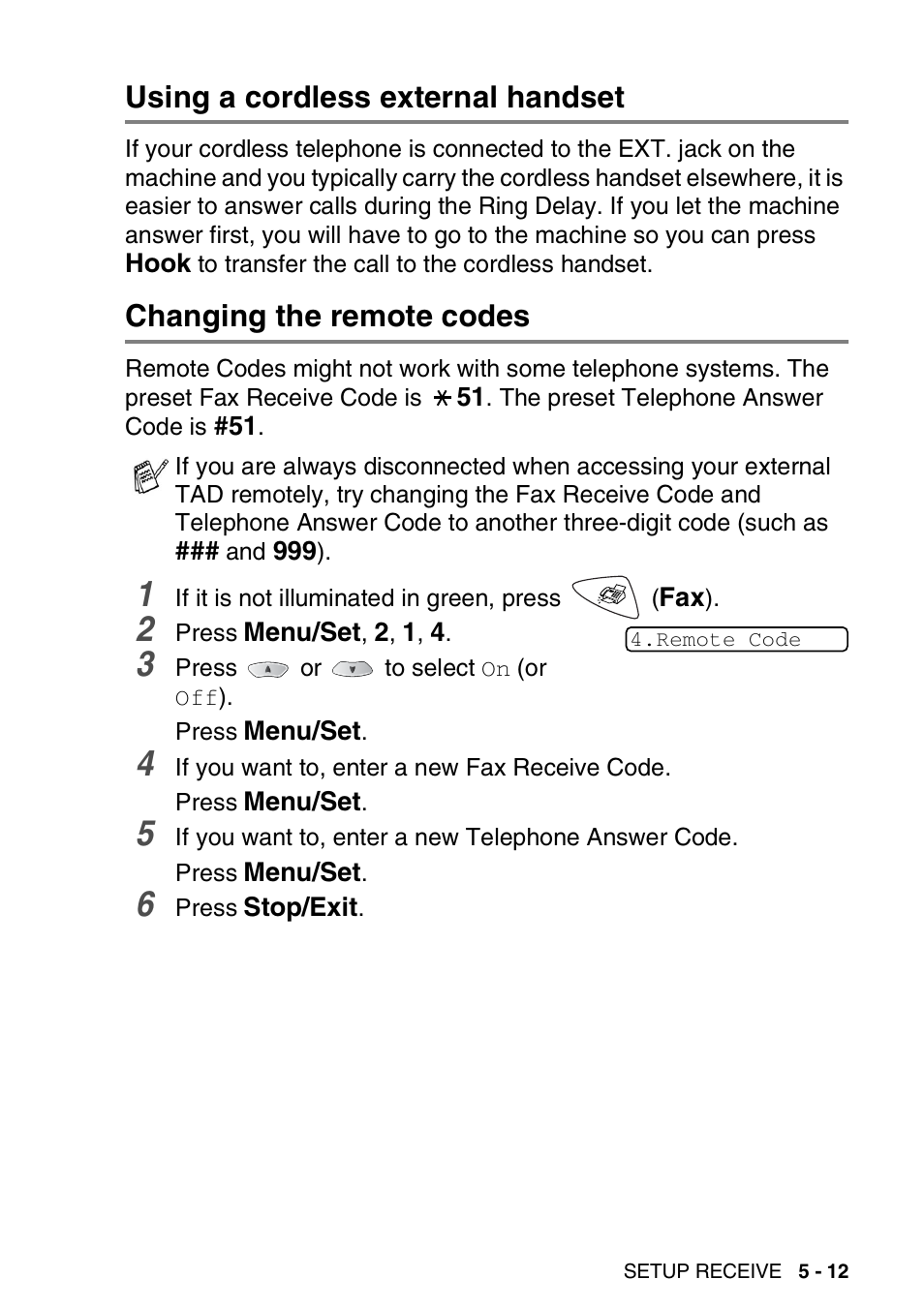 Using a cordless external handset, Changing the remote codes | Brother FAX 1920CN User Manual | Page 82 / 214