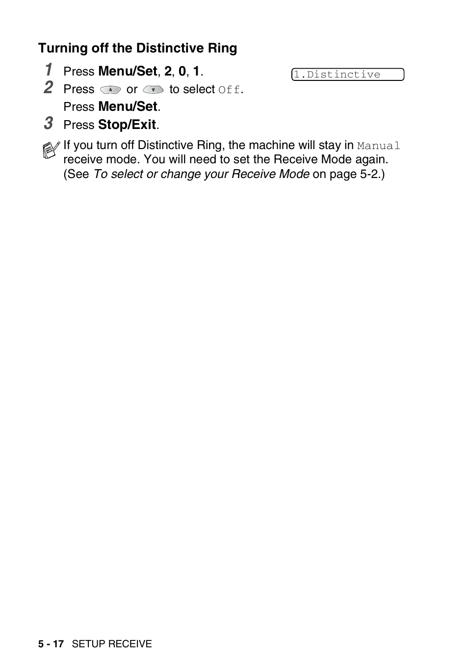 Turning off the distinctive ring, Turning off the distinctive ring -17 | Brother FAX 1920CN User Manual | Page 87 / 214