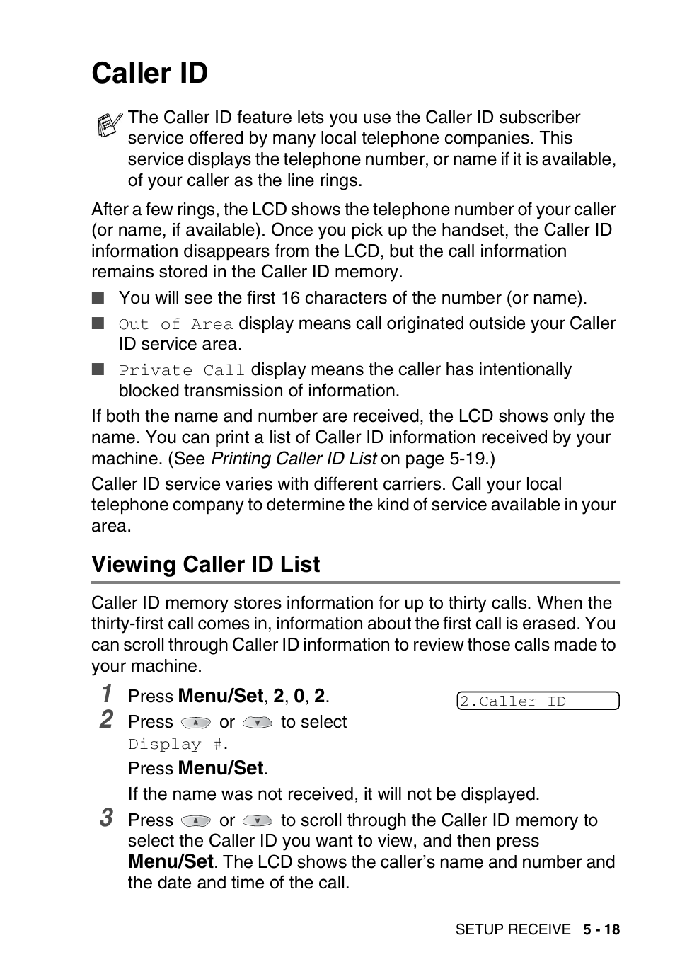 Caller id, Viewing caller id list, Caller id -18 | Viewing caller id list -18 | Brother FAX 1920CN User Manual | Page 88 / 214