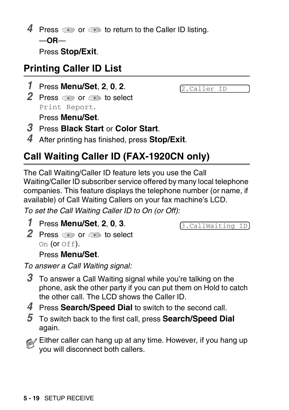 Printing caller id list, Call waiting caller id (fax-1920cn only) | Brother FAX 1920CN User Manual | Page 89 / 214