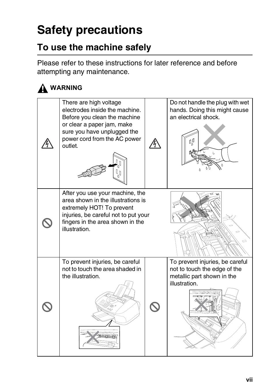 Safety precautions, To use the machine safely | Brother FAX 1920CN User Manual | Page 9 / 214