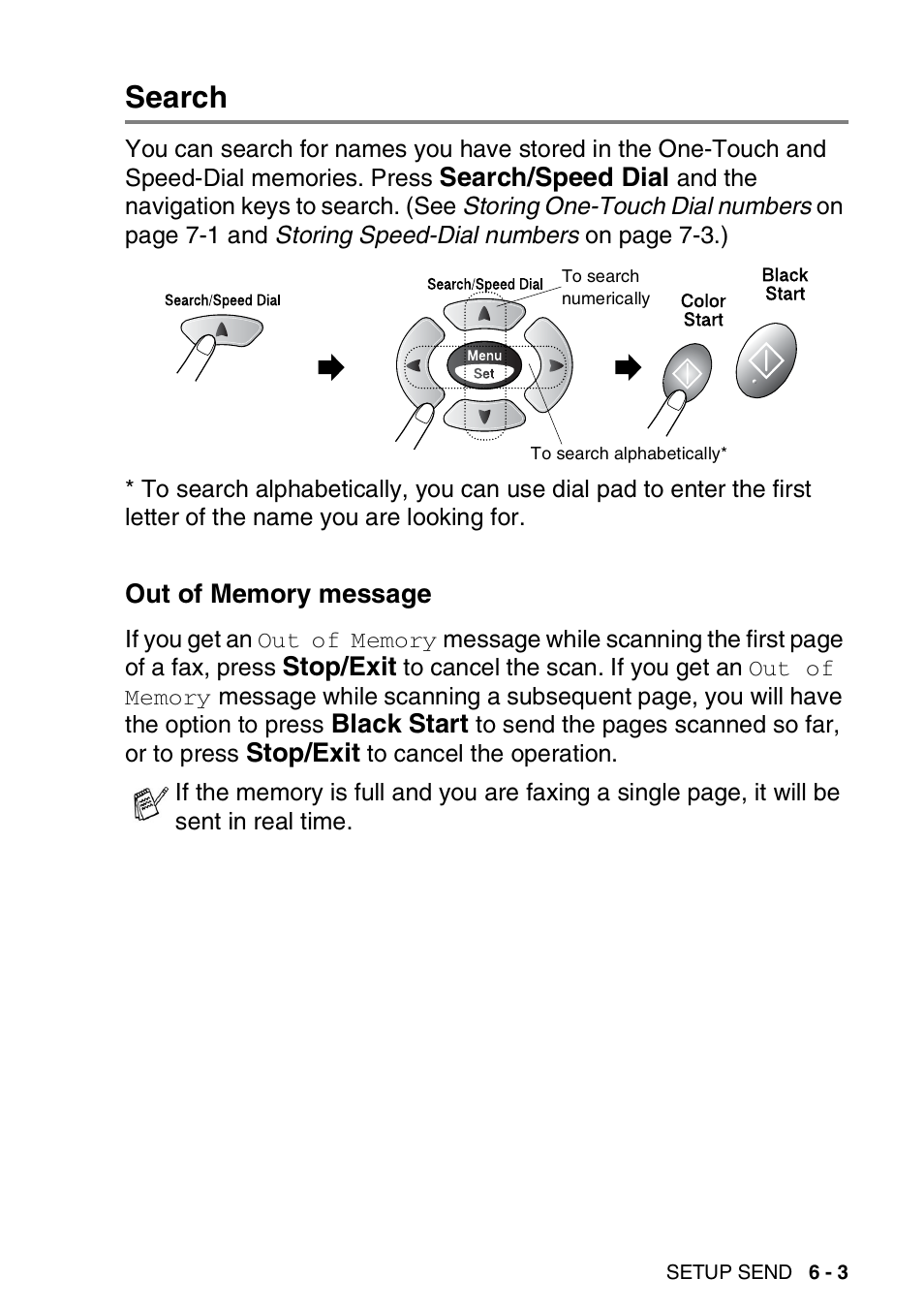 Search, Out of memory message, Search -3 | Out of memory message -3 | Brother FAX 1920CN User Manual | Page 92 / 214
