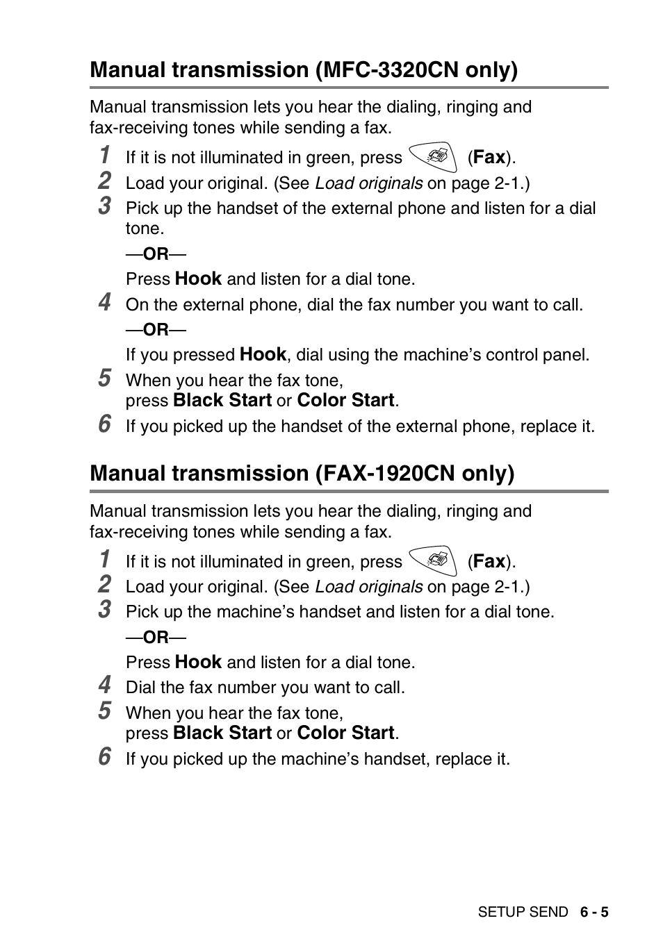 Manual transmission (mfc-3320cn only), Manual transmission (fax-1920cn only) | Brother FAX 1920CN User Manual | Page 94 / 214