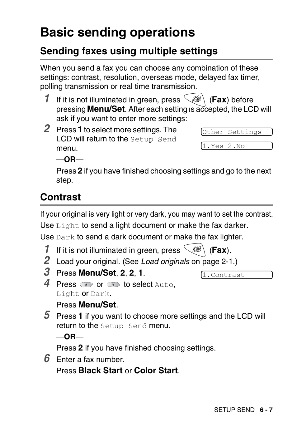 Basic sending operations, Sending faxes using multiple settings, Contrast | Basic sending operations -7 | Brother FAX 1920CN User Manual | Page 96 / 214