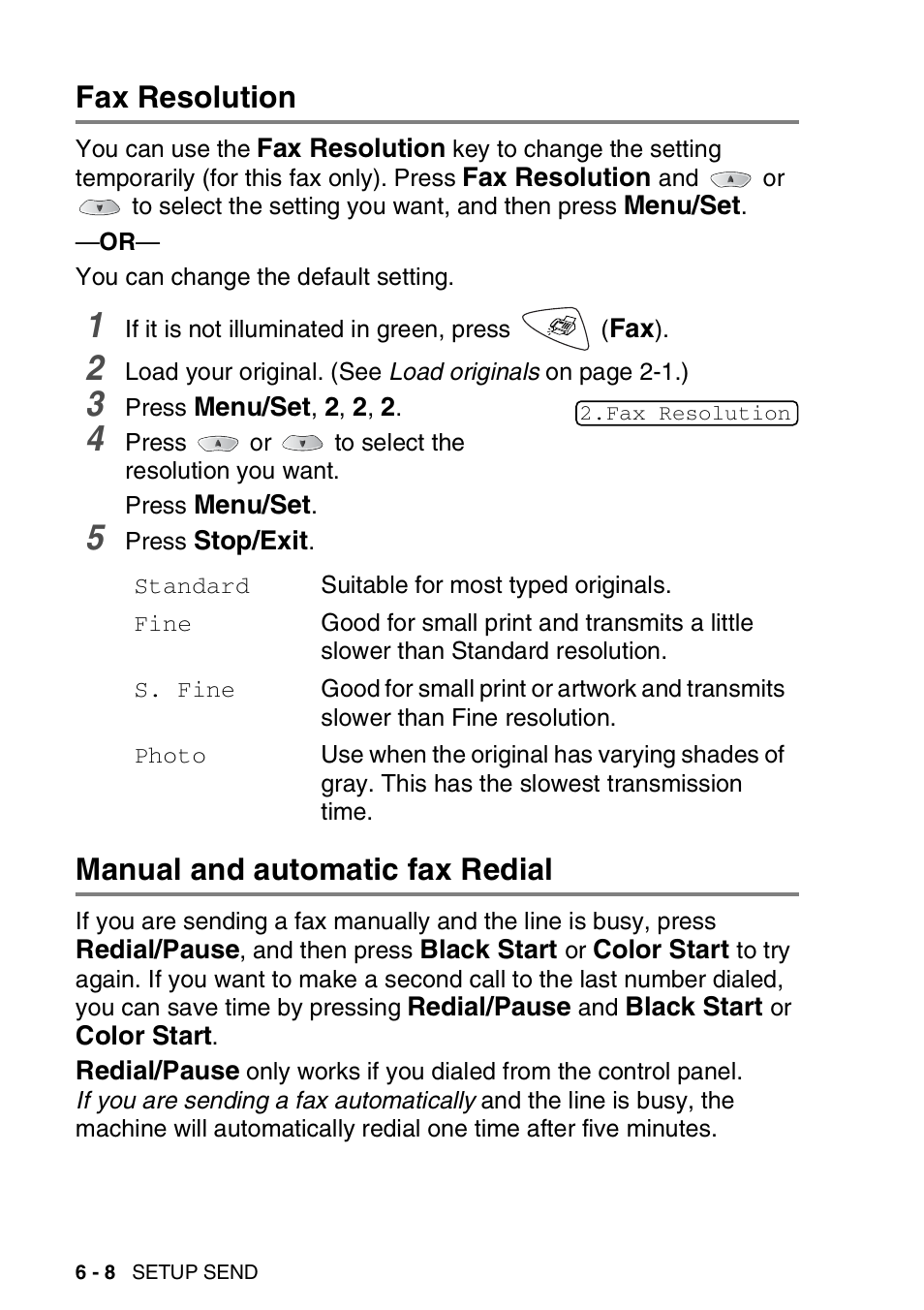 Fax resolution, Manual and automatic fax redial | Brother FAX 1920CN User Manual | Page 97 / 214