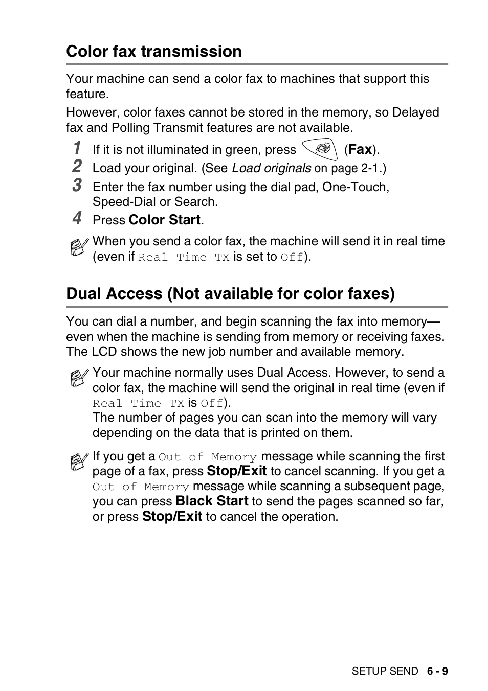 Color fax transmission, Dual access (not available for color faxes) | Brother FAX 1920CN User Manual | Page 98 / 214