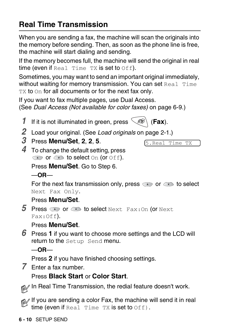 Real time transmission, Real time transmission -10 | Brother FAX 1920CN User Manual | Page 99 / 214